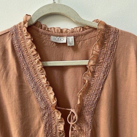 LOGO Lori Goldstein Cotton Cardigan Womens Large Chiffon Smocking Tea Rose Open - Picture 7 of 14